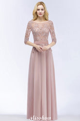 A-line Chiffon Appliques Bridesmaid Dresses Jewel Half-Sleeves Floor-Length Evening Gown with Sash